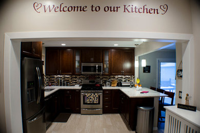 Example of a mid-sized trendy u-shaped vinyl floor kitchen design in Chicago with an undermount sink, recessed-panel cabinets, dark wood cabinets, quartzite countertops, multicolored backsplash, mosaic tile backsplash, stainless steel appliances and a peninsula