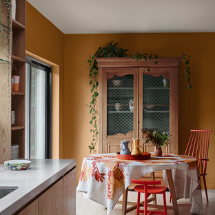 Klassische Wohnküche mit oranger Wandfarbe, hellem Holzboden und beigem Boden in Wellington