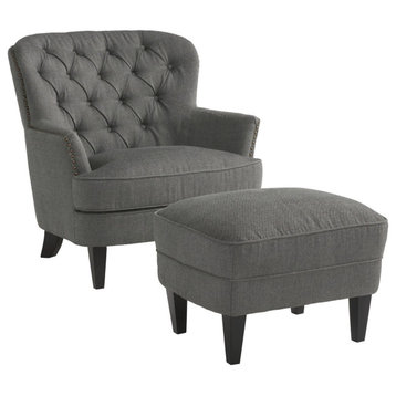 Classic Accent Chair and Ottoman, Button Tufted Upholstery With Nailhead, Gray