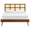 Sidney Cane and Wood Full Platform Bed With Splayed Legs, Walnut