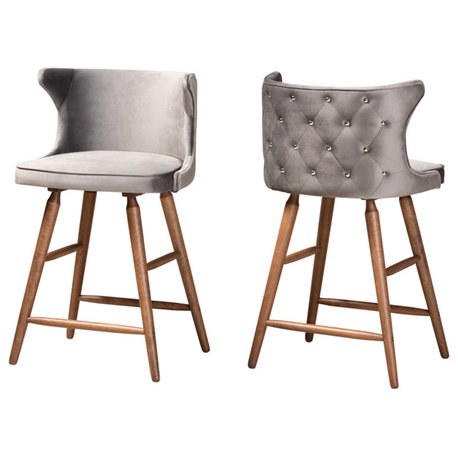 Carabeth Contemporary Velvet Counter Stool Set, Gray