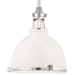 Hudson Valley - Hudson Valley Massena One Light Pendant 4614-WPN - One Light Pendant from Massena collection in White/Polish Nickel Combo finish. Number of Bulbs 1. Max Wattage 150.00. No bulbs included. Massena gives designer treatment to industrial lighting. We contrast the metal shade`s smooth dome with the collar`s strong details. Cutout vents cast upward light and reveal a pristine porcelain lamp socket. Massena`s interior is fully finished in white gloss to amplify downlight, while an etched glass diffuser, secured by diamond-knurled thumbscrews, softens shadows and shield eyes from glare. No UL Availability at this time.