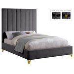 Meridian Furniture - Via Velvet Upholstered Bed, Gray, Queen - Take the look of your bedroom to new decorative heights with this ultra-modern Via upholstered queen bed. Rich grey velvet upholstery gives this bed a true upscale feel and epitomizes fine living while channel tufting along the headboard keeps the padded material inside plump and it also cradles your body while you sit up in bed to watch TV or read. Metal legs bring this platform bed up off the floor, allowing clearance below for cleaning and adding to its svelte contemporary profile.