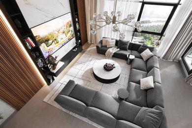 Example of a mid-sized trendy formal and open concept porcelain tile and gray floor living room design in Other with white walls and a wall-mounted tv