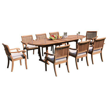 9-Piece Outdoor Teak Dining Set 94" Masc Oval Table, 8 Arbor Stacking Arm Chairs