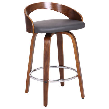 Sonia Swivel Faux Leather and Wood Stool, Gray and Walnut, Counter Height 26"