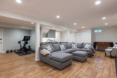 Example of a mid-sized minimalist vinyl floor and brown floor basement design in Boston with a bar, gray walls and a ribbon fireplace