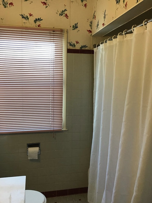 bathroom refresh with gray and maroon tile
