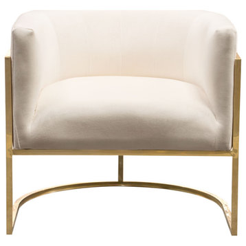 Elevated Barrel Shaped Accent Chair, Cream Velvet, Gold Frame