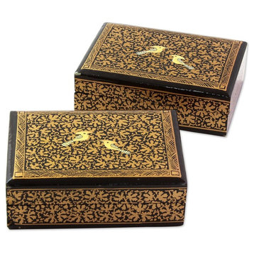 Avian Whispers, Gold Wood Decorative Mini Boxes, Set of 2