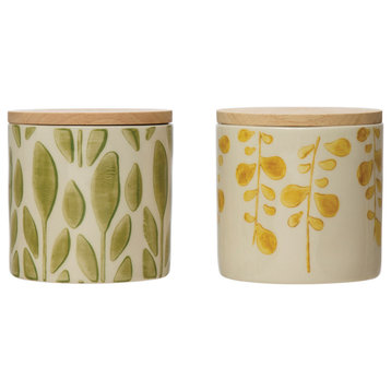 Hand-Stamped Stoneware Jar With Bamboo Lid and Floral Print, 2-Piece Set