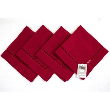 Stylish Solid Color Hemstitched Border Napkin, 18"x18" - Set of 4, Red