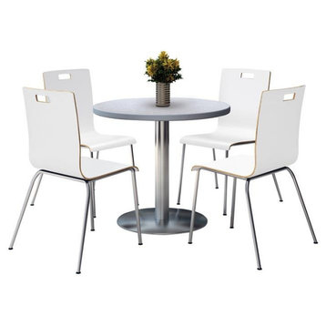 KFI Round 36" Pedestal Table - 4 White Stacking Chairs - Grey Nebula Top