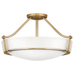 Hinkley - Hinkley Hathaway Four Light Foyer Pendant 3221HB - Four Light Foyer Pendant from Hathaway collection in Heritage Brass finish. Number of Bulbs 4. Max Wattage 100.00 . No bulbs included. Collection`s striking design features a bold shade held in place by three intersecting, floating arms with unique forged uprights and ring detail for a modern style. Available in Heritage Brass with etched glass, Olde Bronze with etched glass, Olde Bronze with etched amber glass and Antique Nickel with etched glass. No UL Availability at this time.