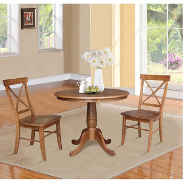 36" Round Pedestal Table with 2 Chairs, Distressed Oak