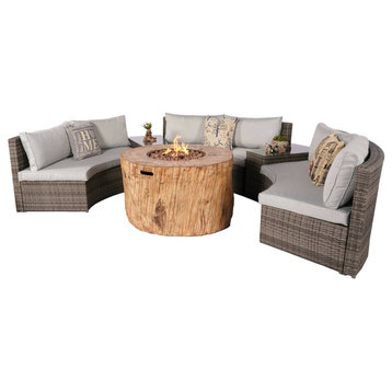 6-Piece Patio Halfmoon Shape Sectional Sofa Set With Fire Pit Table, Round Firepit Table