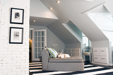 Mid-sized trendy loft-style dark wood floor living room photo in Indianapolis with white walls, no fireplace and no tv