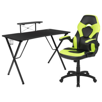 Modern Gaming Desk With Comfortable Chair, Raised Shelf & Cup Holder, Green