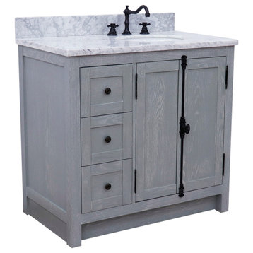 37" Single Vanity, Gray Ash With White Carrara Top, Right Doors/Right Oval Sink