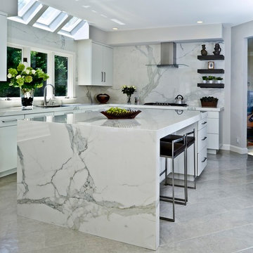 Contemporary Kitchen countertops, island, and backsplash, in Slim Slab Calacata