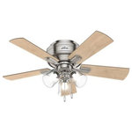Hunter - Hunter 52154 Crestfield - 42" Ceiling Fan with Light Kit - Subtle farmhouse and vintage details are seen throughout the Crestfield rustic ceiling fan, particularly with the vintage-inspired blade irons and the rustic finishes on the 42-inch reversible blades. The Crestfield ceiling fan includes snap-on blades for easy installation. Featuring a three-speed motor and energy-efficient LED light bulbs, the Crestfield collection comes in a variety of sizes and finishes to allow you to customize the look of your indoor spaces while maintaining a consistent style throughout your home.   Warranty: Limited Lifetime Motor Warranty is backed by the only company with over 130 years in the fan business Lumens: 600  Color Temeprature: 3,000  Color Rendering Index:   Lifetime Expectation (Hours): 15,000 Hrs  Airflow: 2645   Shipping Length (in): 15.9 Shipping Width (in): 24.5  Shipping Height (in): 9.9  Shipping Weight (Lbs): 21.6  Shipping Cubic Feet (L x W x H)/1728: 2.2318Crestfield 42" Ceiling Fan Brushed Nickel Natural Wood/Bleached Grey Pine Blade Clear Rippled Glass *UL Approved: YES *Energy Star Qualified: n/a  *ADA Certified: n/a  *Number of Lights: Lamp: 3-*Wattage:6.5w E26 LED bulb(s) *Bulb Included:Yes *Bulb Type:E26 LED *Finish Type:Brushed Nickel