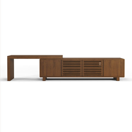 63" to 83" Walnut Retracted & Extendable TV Stand With 4 Shelves, Walnut