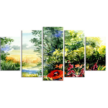 "Watercolor Landscape With Flowers" Landscape Canvas Print