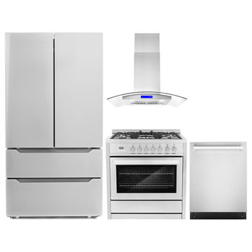 4-Piece, 36" Range, 36" Island Range Hood, 24" Dishwasher and Refrigerator