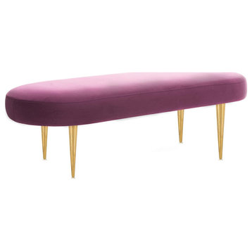Modern Upholstered Bench, Golden Legs & Velvet Seat With Oval Shape, Plum