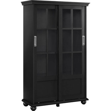 Elegant Bookcase, 2 Sliding Glass Doors With Adjustable and Fixed Shelves, Black