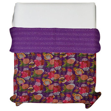 Indian Handmade Cotton Kantha Quilt Throw, Queen, Purple