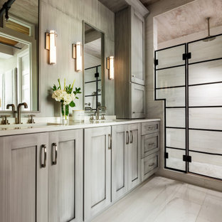 Photo of a small contemporary master bathroom in Philadelphia with shaker cabinets, distressed cabinets, a double shower, a bidet, white tile, porcelain tile, white walls, porcelain floors, an undermount sink, quartzite benchtops, white floor, a hinged shower door, white benchtops, a shower seat, a double vanity, a built-in vanity and wood.