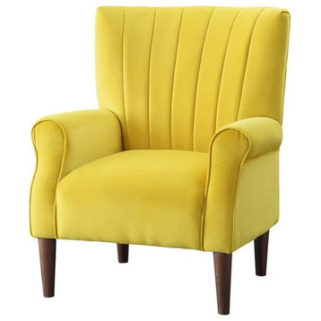 Transitional Armchair, Velvet Seat With Rolled Arms and Channel Back, Yellow