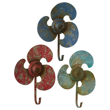 Propeller Shaped Single Wall Hooks Set of 3 Red Blue Teal Rustic Finish