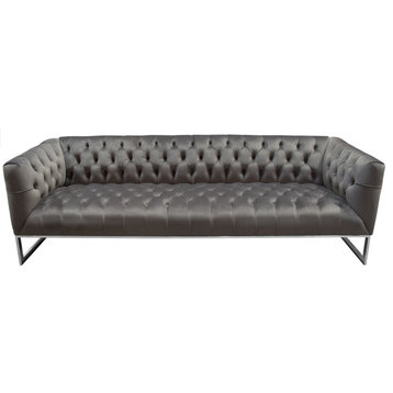 Crawford Tufted Sofa, Dusk Grey Velvet With Polished Metal Leg and Trim