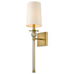 Z-Lite - Mia One Light Wall Sconce, Rubbed Brass - Light up a powder room bedroom or hallway with the exquisite artistry of this one-light wall sconce. A traditional lamp motif is modernized with tailored design elements featuring rubbed brass finish steel and crystal. Topped with a fresh white fabric shade this sconce becomes part of a sophisticated look in a contemporary or transitional space.