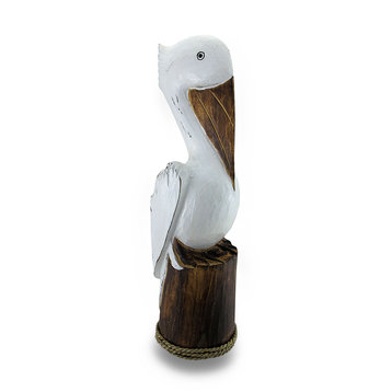 Hand Carved / Painted Wooden Pelican On Piling Statue Coastal