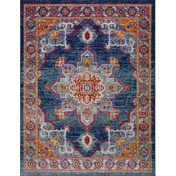 Mila Traditional Medallion Blue & Gold Rectangle Area Rug, 8'x10'