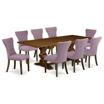 East West Furniture Lassale 9-piece Wood Dining Set in Walnut/Dahlia