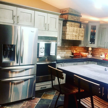 Customer created Whiskey Barrel Hood to compliment our 2tone Kitchen Design