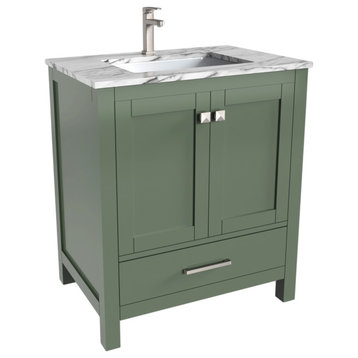 30" Vanity Wood Body With White Marble With Mirror, No Backsplash, Green