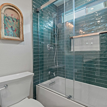 Modern Coastal Shower-Tub Combo with Teal Subway Tile – Anaheim Bathroom Remodel