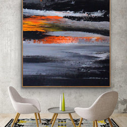 Preethi Arts - 48x48 IN Black gray orange abstract Art oversized Modern Painting Wall Art Decor - Paintings