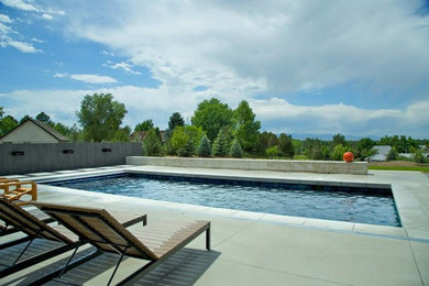 Mid-sized modern backyard rectangular lap pool in Denver with concrete pavers.