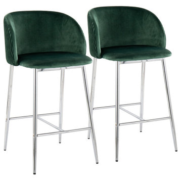 Fran Pleated Waves Counter Stool, Set of 2, Chrome Metal and Green Velvet