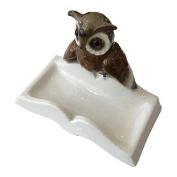 Hand Painted Figurine Porcelain Owl on Book Ring Tray, Germany - Decorative Accents