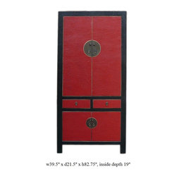 Chinese Red & Black Silk Lacquer Armorie Wardrobe Cabinet - Armoires And Wardrobes
