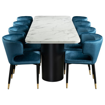 Balmain Marble Top Dining Set for 8, Blue Chairs