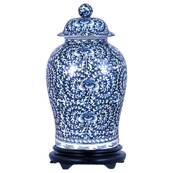 Blue and White Porcelain Chinoiserie Temple Jar 19"