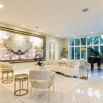 Upscale Living Room with Grand Piano, Gold Accents, and Floor-to-Ceiling Glass W